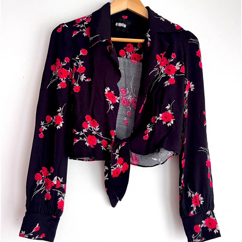 Shirt black red rose tie front reformation blouse floral shirt